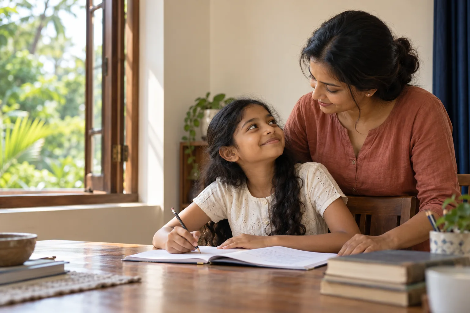 A fictional mother and daughter sharing a learning moment at home